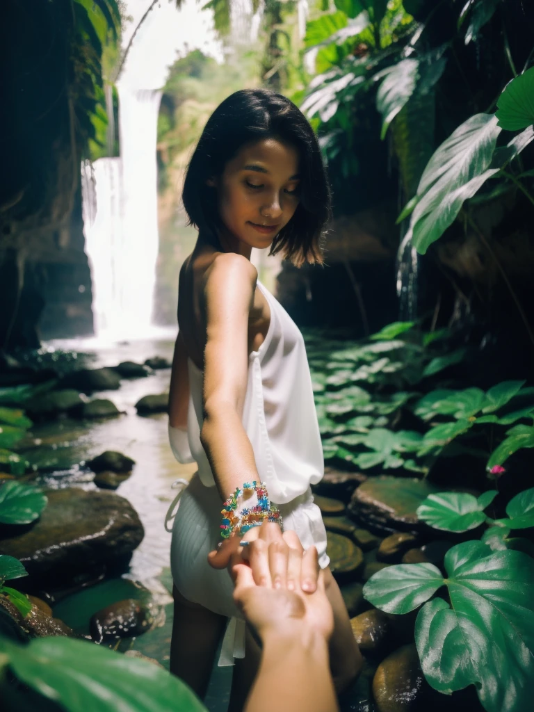 bf_holding_hands, showering in waterfall in dense jungle, rainbow,
detailed,8k, detailed shadow, 1 naked girl with big boob, long hair, black hair, jewelry ,(masterpiece,best quality),