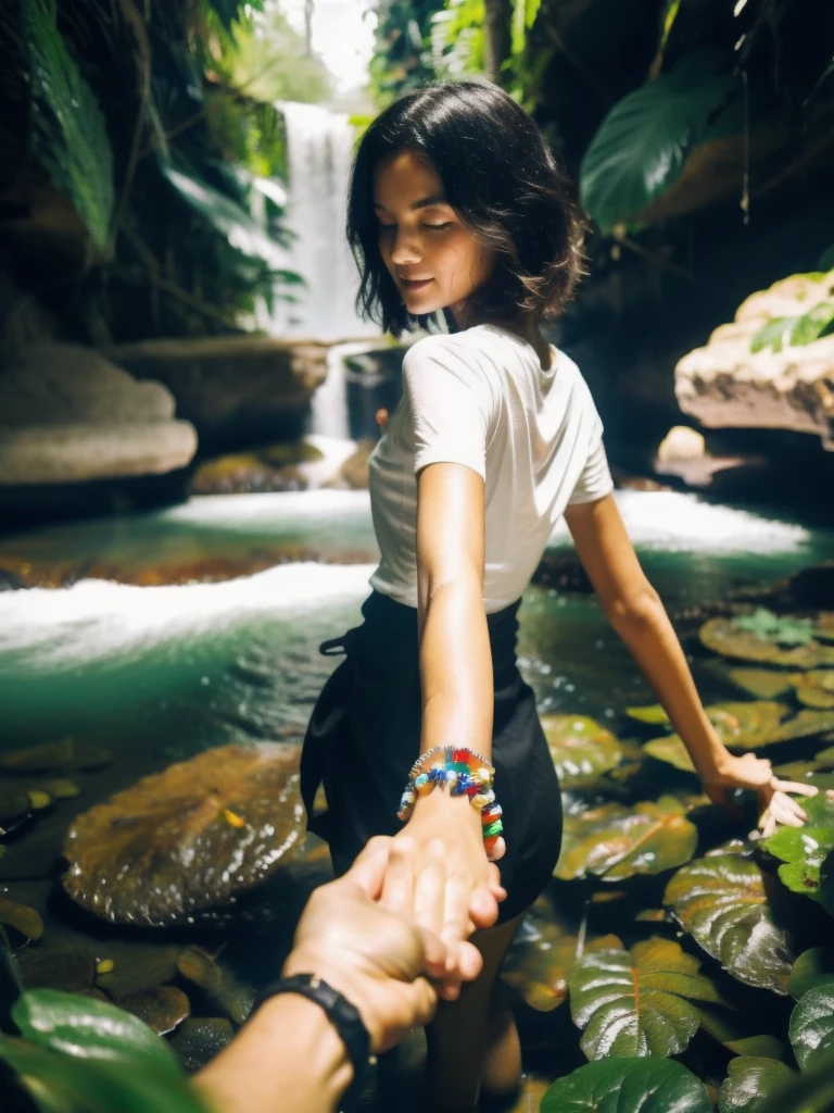 bf_holding_hands,  walking in waterfall in dense jungle with topless girls, rainbow, 
detailed,8k, detailed shadow, 1 botomless girl, short hair, black hair, white transparent tight shirt, jewelry ,(masterpiece,best quality),

