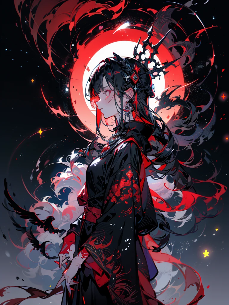 (((profile right))), long sparkling golden red hair, (((dancing with a skeleton))), colorful fantasy background, watercolor illustration, Disney art style, glowing aura around her, Glowing lights, Beautiful digital illustration, fantasy otherworldly landscape, Beautiful, Masterpiece, Best quality, Disney style anime, eyelashes, side view, Crystal hair, Glowing hair, galaxy, Additional lighting, (Hair surrounded by galaxy splashes), (Her hair turns into galactic clouds,:1.27628), Moon in the night, hyperdetailed illustration, dynamic angle, Smiling dancer, Dance of life, transparent shawl, Delicate hair decorations, Elegant earrings, very detailed face, Bright illustration of a woman with stars and curls, loose hair, anime girl with space hair, Multi-colored vector graphics, colorful illustration, in digital illustration style, colorful illustration, Psychedelic illustration, Psychedelic hair, Bright colorful comic book style, bizarre and psychedelic, lots of purple and orange, complex parts, volumetric lighting BREAK, Rich detail and color (The color of the rainbow: 1.2), (glow, atmospheric lighting), dreamy, magic, (solo: 1.2), Interference world, Psychedelia, Существо излучает bright light, bright light, Black background, Mesmerizing presence, Enchanting radiance, Swirling energy, Mystical symbols, a surrealistic landscape, Majestic trees, Moonlight, seeping through the branches, flickering lights, magical creatures, grim Reaper, Otherworldly whispers, Ethereal haze, Divinely powerful, Aura of darkness, enchanting beauty, Fascinating look, Magic Essence, Intoxicating Charm, femme fatale, Mythical realm, glass hair, Tanzanite, Glowing hair, fantasy style clothing, Necromancer's Clothes, Necromancer Wizard, necromancy, black and red clothing, Bone jewelry on clothes, galaxy, Additional lighting