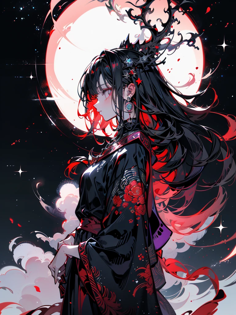 (((profile right))), long sparkling golden red hair, (((dancing with a skeleton))), colorful fantasy background, watercolor illustration, Disney art style, glowing aura around her, Glowing lights, Beautiful digital illustration, fantasy otherworldly landscape, Beautiful, Masterpiece, Best quality, Disney style anime, eyelashes, side view, Crystal hair, Glowing hair, galaxy, Additional lighting, (Hair surrounded by galaxy splashes), (Her hair turns into galactic clouds,:1.27628), Moon in the night, hyperdetailed illustration, dynamic angle, Smiling dancer, Dance of life, transparent shawl, Delicate hair decorations, Elegant earrings, very detailed face, Bright illustration of a woman with stars and curls, loose hair, anime girl with space hair, Multi-colored vector graphics, colorful illustration, in digital illustration style, colorful illustration, Psychedelic illustration, Psychedelic hair, Bright colorful comic book style, bizarre and psychedelic, lots of purple and orange, complex parts, volumetric lighting BREAK, Rich detail and color (The color of the rainbow: 1.2), (glow, atmospheric lighting), dreamy, magic, (solo: 1.2), Interference world, Psychedelia, Существо излучает bright light, bright light, Black background, Mesmerizing presence, Enchanting radiance, Swirling energy, Mystical symbols, a surrealistic landscape, Majestic trees, Moonlight, seeping through the branches, flickering lights, magical creatures, grim Reaper, Otherworldly whispers, Ethereal haze, Divinely powerful, Aura of darkness, enchanting beauty, Fascinating look, Magic Essence, Intoxicating Charm, femme fatale, Mythical realm, glass hair, Tanzanite, Glowing hair, fantasy style clothing, Necromancer's Clothes, Necromancer Wizard, necromancy, black and red clothing, Bone jewelry on clothes, galaxy, Additional lighting
