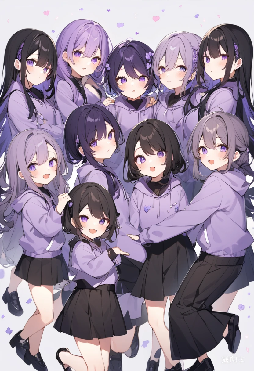 Keito。Purple hoodie。Black Skirt。Purple Eyes。Black Hair。Black shoes下。Black shoes。6 sistery eldest daughter has lavender hair.。all female。Sextuplets