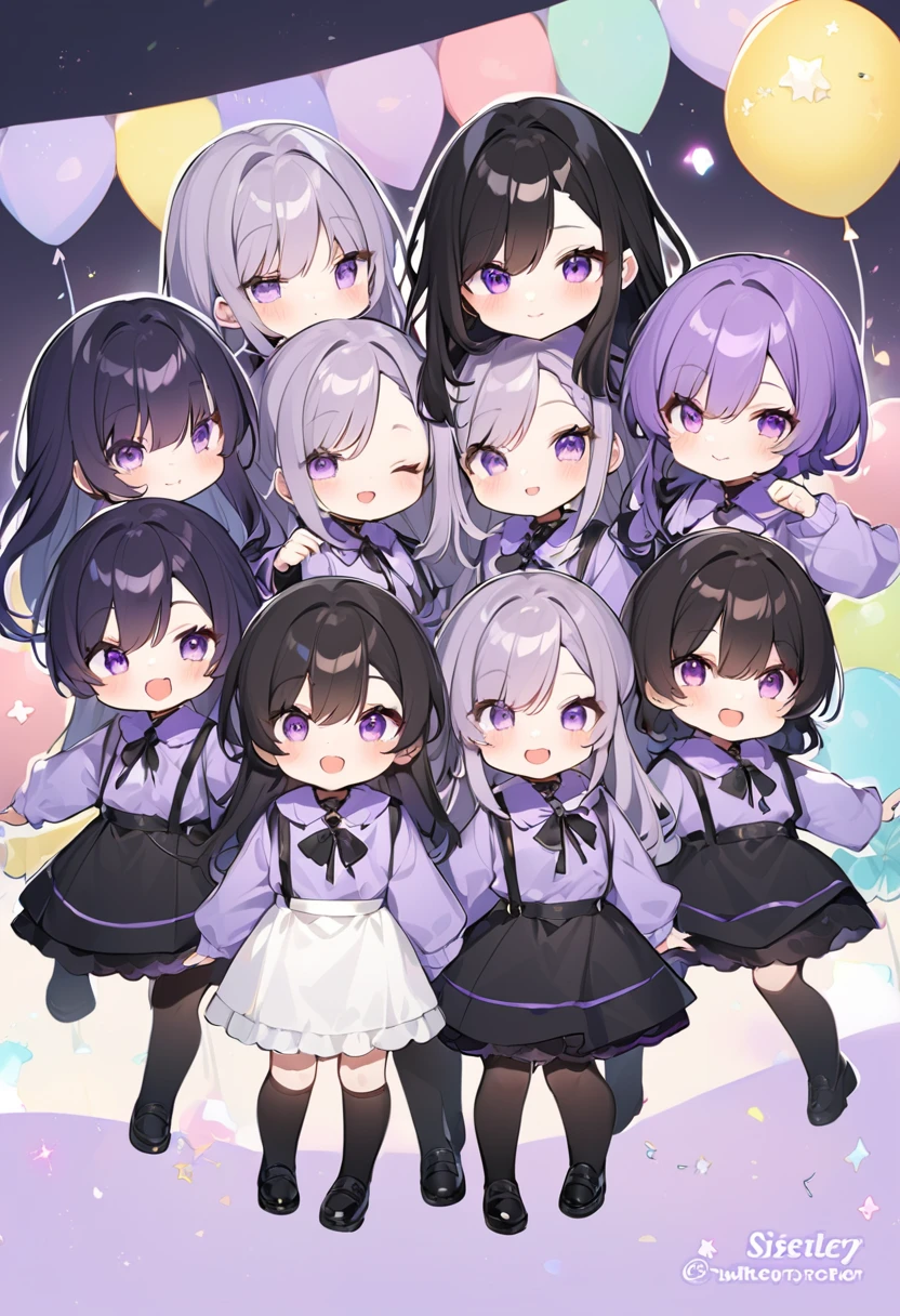 Keito。Purple hoodie。Black Skirt。Purple Eyes。Black Hair。Black shoes下。Black shoes。6 sistery eldest daughter has lavender hair.。all female。Sextuplets