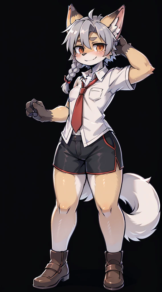 Japanese style high school shirt,cute男孩子,furry,furry,hairy,furry,hairy,furry,Body hair,Hair covers the whole body,Gentle smile,shota,Anthropomorphic Fox,Fox Girl,小braid,braid,cute,Gray hair,全身Gray hair,全身Gray hair,Japanese school uniform shirt,shorts,shorts,Short boy,Slim figure,Classroom Background,Indoor background,Campus style,individual,individual,individual,Q version style,American anime style,femboy,femboy,Oval face