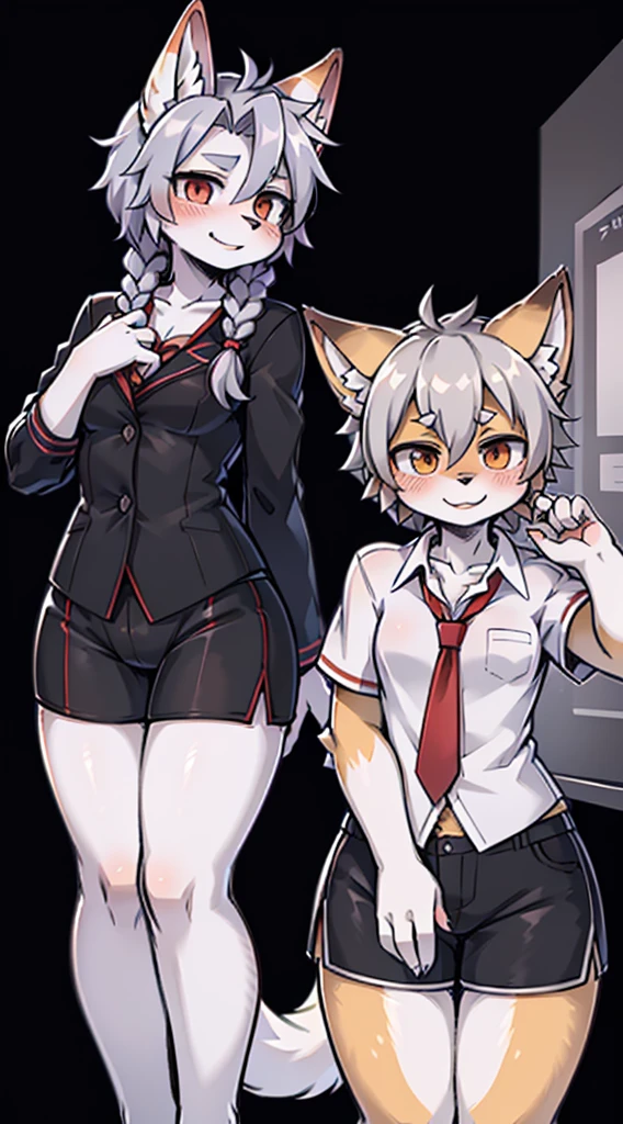 Japanese style high school shirt，cute男孩子，furry，furry，hairy，furry，hairy，furry，Body hair，Hair covers the whole body，Gentle smile，shota，Anthropomorphic Fox，Fox Girl，小braid，braid，cute，Gray hair，全身Gray hair，全身Gray hair，Japanese school uniform shirt，shorts，shorts，Short boy，Slim figure，Classroom Background，Indoor background，Campus style，individual，individual，individual，Q version style，American anime style，femboy，femboy，Oval face