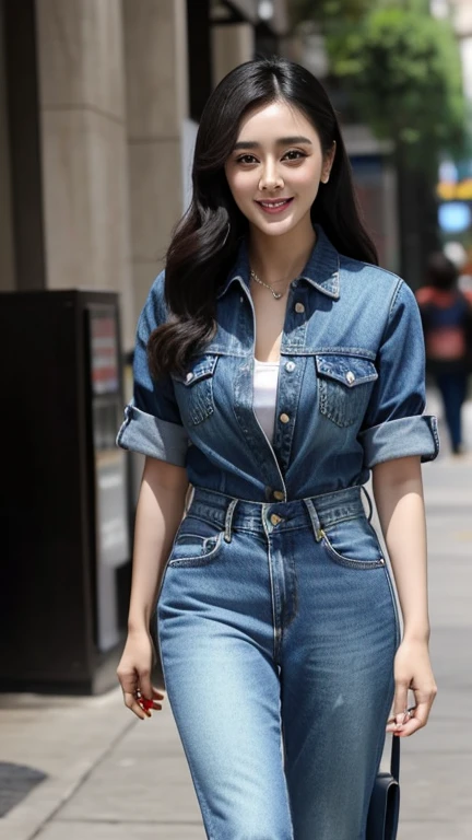 Fan Bing-bing wearing sexy denim clothes and smiling