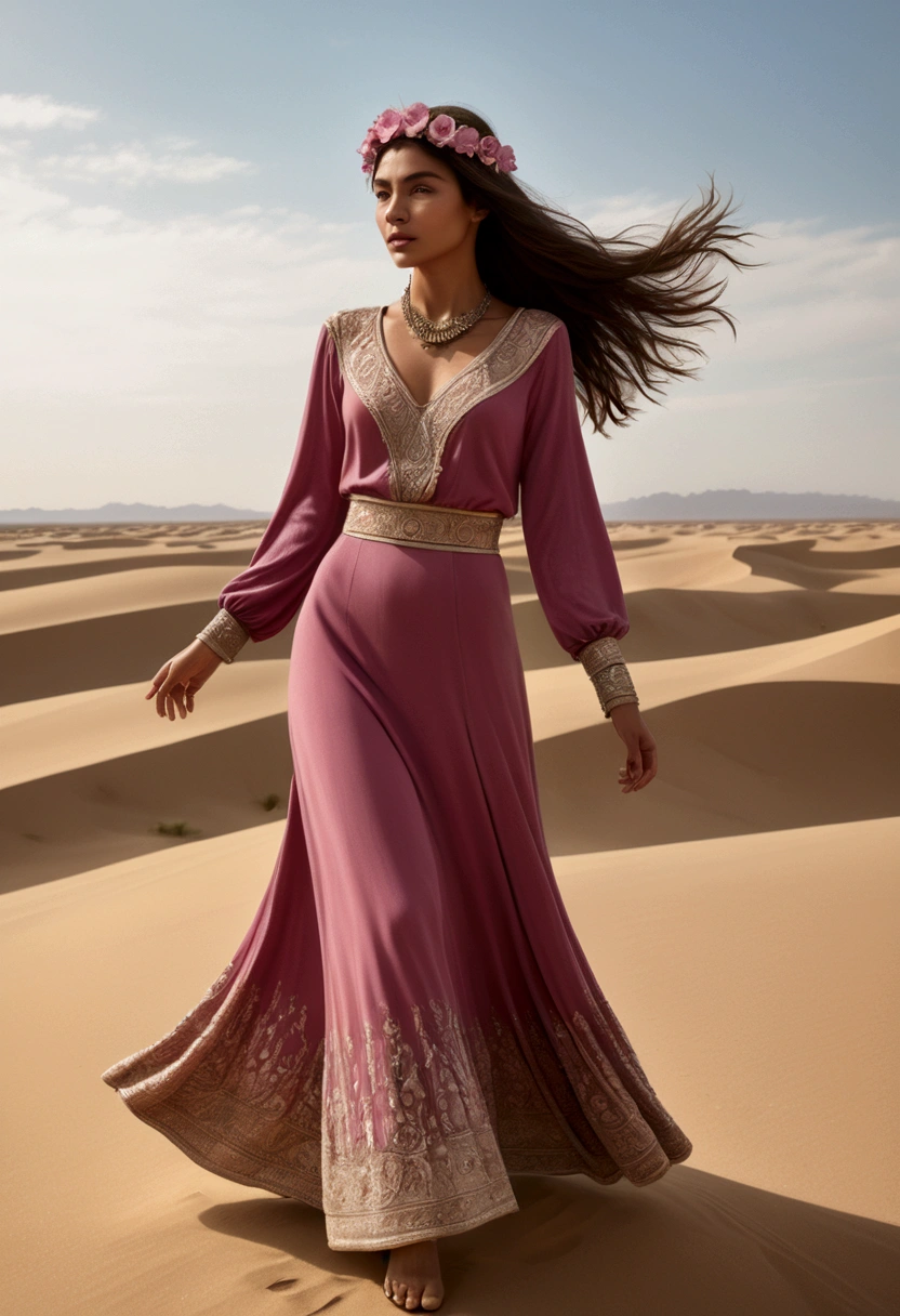 (a Desert Princess), standing on the top of the sand dune, dressed in a flowing long dress, with her skirt dancing in the wind like flowers blooming in the desert. The gemstones embedded in her headdress shone in the sunshine, and she held a desert rose in her hand, symbolizing a tough and beautiful image. The background was a vast desert and a clear sky, full body, (Photography), panoramic view, award-winning, cinematic still, emotional, vignette, dynamic, vivid, (masterpiece, best quality, Professional, perfect composition, very aesthetic, absurdres, ultra-detailed, intricate details:1.3)