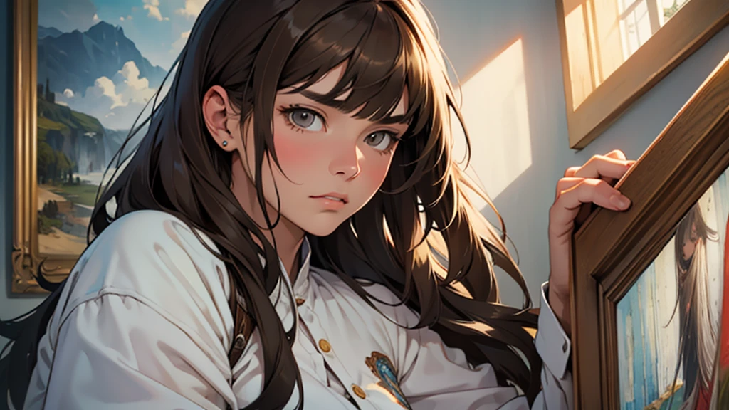((best quality)), ((work of art)), ((detailed)), woman, long brown hair with bangs, sad expression