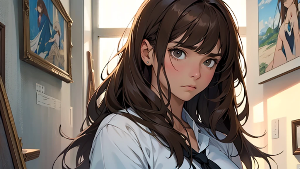 ((best quality)), ((work of art)), ((detailed)), woman, long brown hair with bangs, sad expression