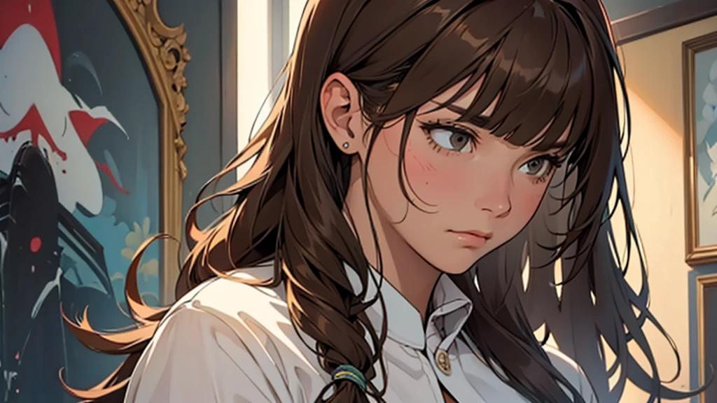 ((best quality)), ((work of art)), ((detailed)), woman, long brown hair with bangs, sad expression