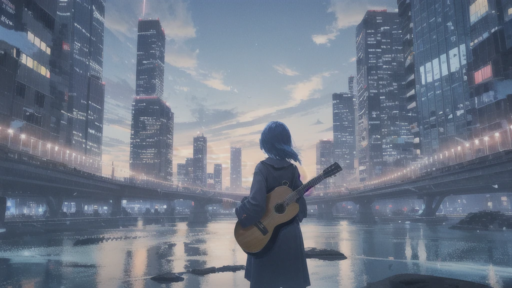 Acoustic guitar,真っ暗なnight空,Octane, star (null), scenery, Blue parakeet,Acoustic guitarは身体の前,star, night, Girl, Back view, Outdoor, city,river,Blue parakeet,building, cloud, 天のriver,silhouette