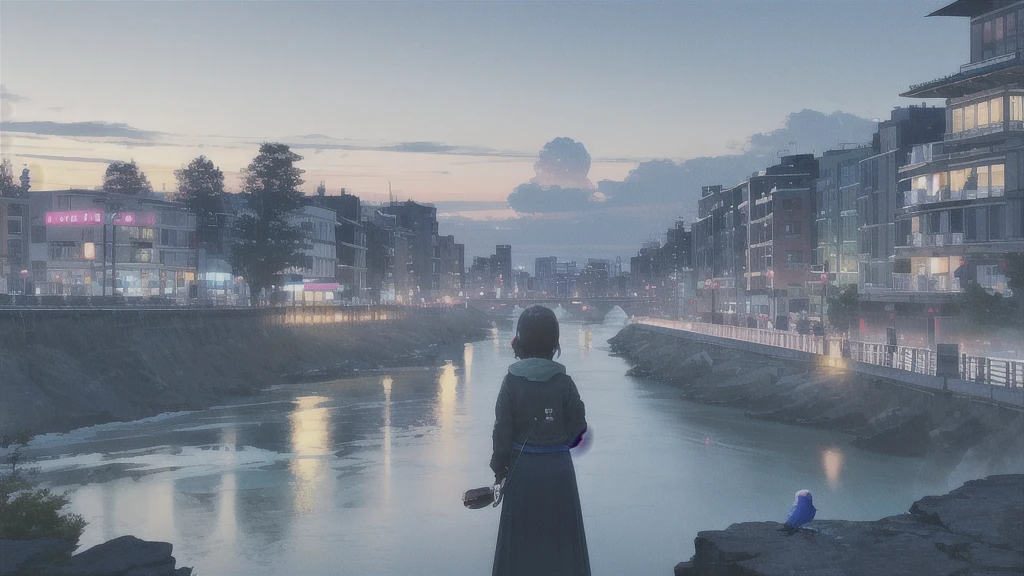 Acoustic guitar,真っ暗なnight空,Octane, star (null), scenery, Blue parakeet,Acoustic guitarは身体の前,star, night, Girl, Back view, Outdoor, city,river,Blue parakeet,building, cloud, 天のriver,silhouette