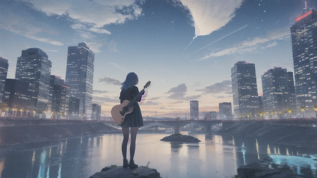 Acoustic guitar,真っ暗なnight空,Octane, star (null), scenery, Blue parakeet,Acoustic guitarは身体の前,star, night, Girl, Back view, Outdoor, city,river,Blue parakeet,building, cloud, 天のriver,silhouette