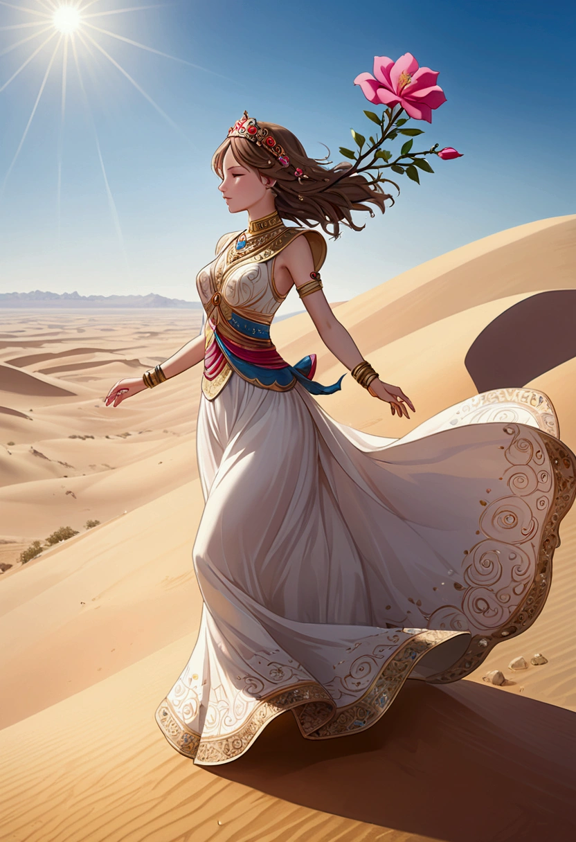 (a Desert Princess), dressed in a magnificent robe and adorned with a golden headdress rides a beautifully decorated camel through sand dunes, carrying water bags and supplies on its back. The princess held a golden scepter, guiding the way forward, with confidence and courage on her face. The background is endless desert and scorching sun, full body, (Photography), panoramic view, award-winning, cinematic still, emotional, vignette, dynamic, vivid, (masterpiece, best quality, Professional, perfect composition, very aesthetic, absurdres, ultra-detailed, intricate details:1.3)