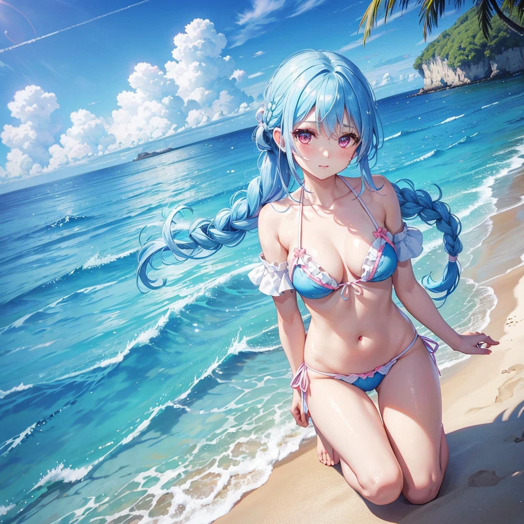 (Sky blue hair),(Braided hair tied together)、Pink eyes、Fair skin、(whole body)、(One Girl)、bikini、Shining white sand beach in midsummer、Okinawa&#39;s ocean、A happy smile、、(masterpiece、Highest quality、Very detailed、Best Shadow)、(Detailed Background)、(Beautifully detailed face)、High contrast、(Best lighting、Very delicate and beautiful)、((Cinematic Light))、colorful、Hyper Detail、Dramatic Light、Exquisite detail、Jumping and having fun