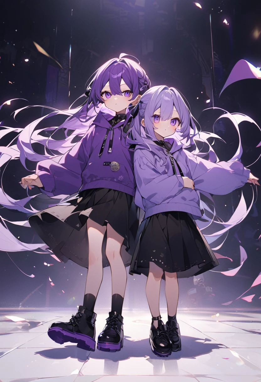 Keito。Purple hoodie。Black Skirt。Purple Eyes。Purple Hair。Black shoes下。Black shoes。2 people