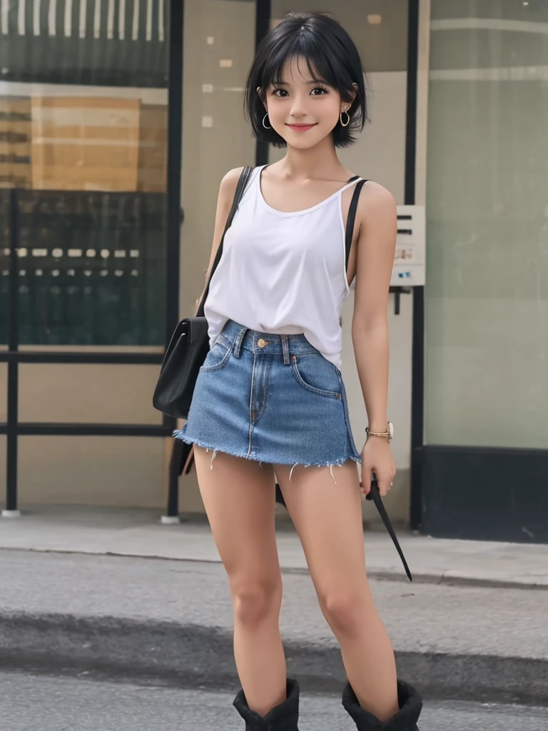 Highest quality, High resolution, girl, Small face,alone, Black Hair, Brown Eye, short hair, Cute Smile,Earrings, Denim mini skirt, White shirt with tank top, Small , Cowboy Shot, She is wearing black short boots,ステージにaloneスポットライトを浴びている,The entire figure, from the tip of the feet to the tip of the toes, is captured on screen.,I have nothing in my hands,The bag is not hanging from the shoulder