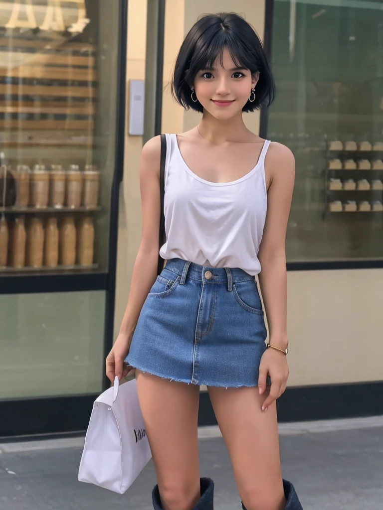 Highest quality, High resolution, girl, Small face,alone, Black Hair, Brown Eye, short hair, Cute Smile，Earrings, Denim mini skirt, White shirt with tank top,  Small breasts, Cowboy Shot, She is wearing black short boots，ステージにaloneスポットライトを浴びている,The entire figure, from the tip of the feet to the tip of the toes, is captured on screen.,I have nothing in my hands,The bag is not hanging from the shoulder