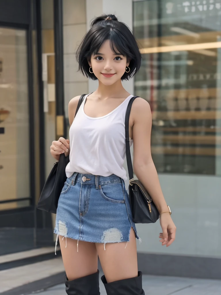 Highest quality, High resolution, girl, Small face,alone, Black Hair, Brown Eye, short hair, Cute Smile,Earrings, Denim mini skirt, White shirt with tank top, Small breasts, Cowboy Shot, She is wearing black short boots,ステージにaloneスポットライトを浴びている,The entire figure, from the tip of the feet to the tip of the toes, is captured on screen.,I have nothing in my hands,The bag is not hanging from the shoulder