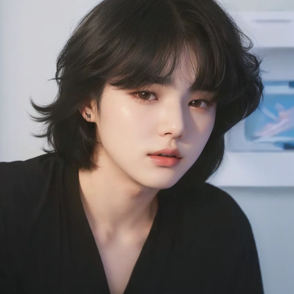 There is a young man in a black shirt looking at a cell phone, Yoongi with black hair, Tae June Kim, with short hair, Jungkook, young pale angel, korean artist, Jinyoung Shin, jaeyeon nam, inspired by jeonseok lee, sun yunjoo, Kim Hyun Joo, Hong Jun Hyung, lofi portrait, colorized portrait, what's on, hyung tae