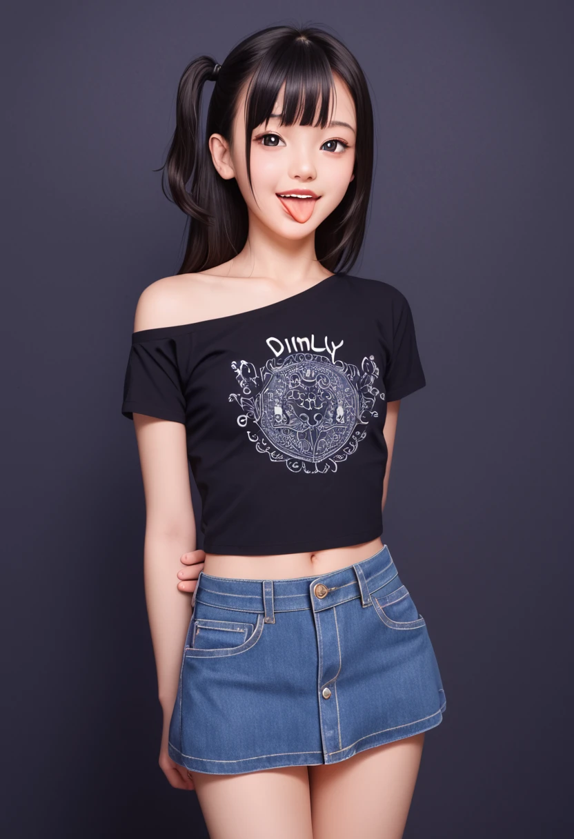 pastel colors colors t-shirt,off-shoulder look,bare shoulder,ollarbone,midriff,Tight denim mini skirt,(open mouth:1.5),(tongue out:2),standing,arms behind back,front view,cowboy shot,looking at viewer,(1girl,Beautiful 14 year old girl),((Slender,Small breasts,Small face,)),Black Hair,bangs,one side up,Beautiful and detailed,(Dimly lit room:1.5),Mischievous smile,Black simple background,Blue Weak々Illumination
