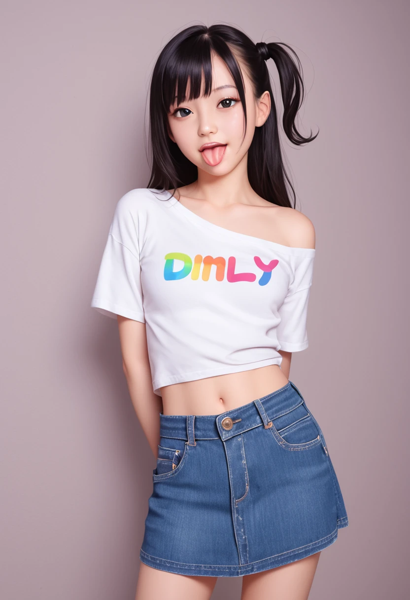 pastel colors colors t-shirt,off-shoulder look,bare shoulder,ollarbone,midriff,Tight denim mini skirt,(open mouth:1.5),(tongue out:2),standing,arms behind back,front view,cowboy shot,looking at viewer,(1girl,Beautiful 14 year old girl),((Slender,Small breasts,Small face,)),Black Hair,bangs,one side up,Beautiful and detailed,(Dimly lit room:1.5),Mischievous smile,Black simple background,Blue Weak々Illumination