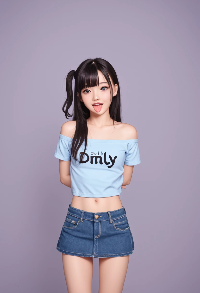 pastel colors colors t-shirt,off-shoulder look,bare shoulder,ollarbone,Denim mini skirt,(open mouth:1.5),(tongue out:2),standing,slouch,overhead shot,from above,front view,cowboy shot,(1girl,Beautiful  girl),((Slender,Small breasts,Small face,)),(looking at viewer),Black Hair,bangs,one side up,Beautiful and detailed,(Dimly lit room:1.5),Mischievous smile,Black simple background