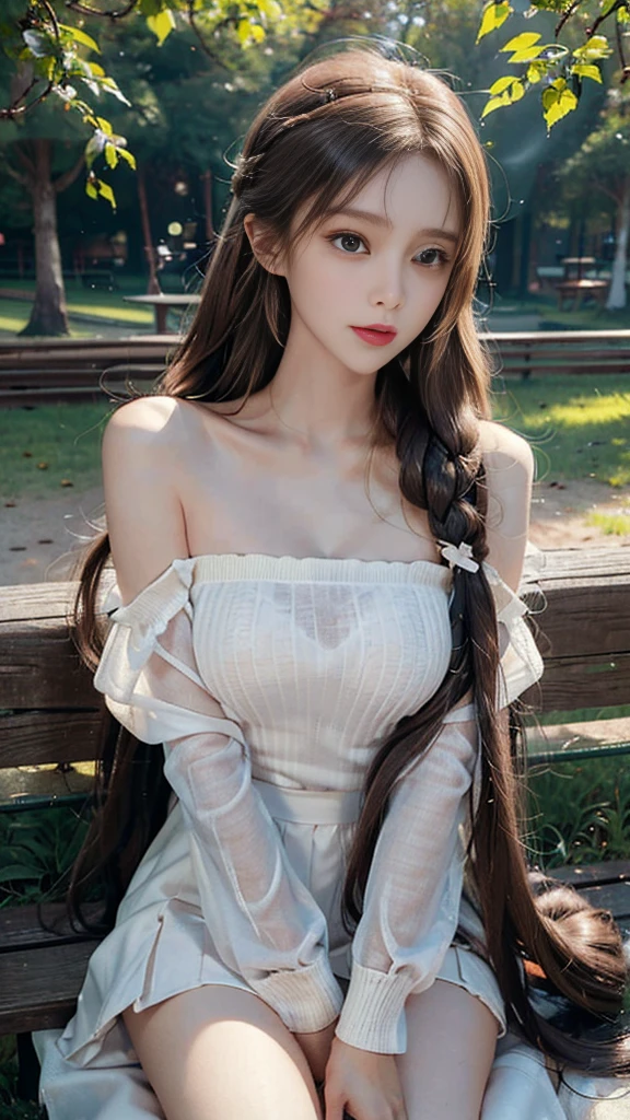 (1 Girl:1.3), Sexy pose, slim, (Reality:1.4), (masterpiece, Top quality, best quality, Official Art), Extremely detailed, The most detailed, (Extremely detailed), ((Extremely delicate and beautiful)), light, (Realistically:1.3), (High Detail Skin:1.2), high resolution, 8K UHD, 4K, 8K, Bokeh, Digital SLR Camera, , The best ratio of four fingers and one thumb, In a park with trees,Sitting on a bench, ((Silky long hair)), (Brown hair), Tears, Pretty Face, Perfect face, highly detailed Pretty Face, Lovely, Shy,blush, Dynamic Angle, from above,Looking at the audience, Wearing an off-the-shoulder white sweater dress and black tights