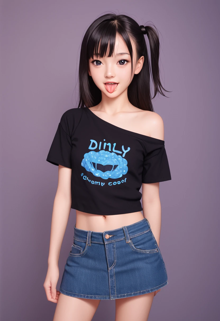 pastel colors colors t-shirt,off-shoulder look,bare shoulder,ollarbone,midriff,Tight denim mini skirt,(open mouth:1.5),(tongue out:2),standing,arms behind back,front view,cowboy shot,looking at viewer,(1girl,Beautiful girl),((Slender,Small breasts,Small face,)),Black Hair,bangs,one side up,Beautiful and detailed,(Dimly lit room:1.5),Mischievous smile,Black simple background,Blue Weak々Illumination