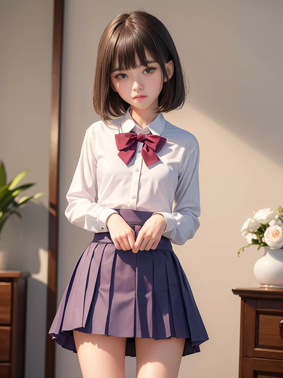 (masterpiece、Highest quality:1.7)、(11 years old:1.7)、(Above the knee shot:1.5)、Bobcut、Black Hair、85mm、16K、Official Art、RAW Photos、Best Beautiful Faces、Close-up、Violet、Gardenia、((The best beautiful girl、very cute))、Red blush on cheeks、indoor、(Are standing:1.8)、Film Grain、Chromatic Aberration、Sharp Focus、(((Nice hands、Perfect hands、Perfect Fingers、Thin and delicate fingers、A perfect body without flaws)))、Detailed face、(Slender body:1.5)、(Slender body:1.4)、(Slim upper body:1.4)、(Small breasts:1.9)、(Let your bangs hang down:1.8)、(Blushing:1.8)、(Low contrast lighting:1.2)、(White tight business blouse with collar:1.5)、(White bow tie blouse:1.5)、(Long sleeve: 1.3)、(A very short white pleated mini skirt:1.5)、(Eyes closed:1.5),Thigh focus,(skirt lift:1.7)