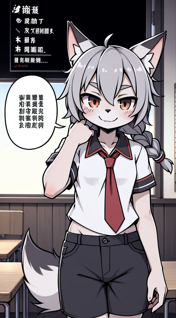 Japanese style high school shirt,cute男孩子,furry,furry,hairy,furry,hairy,furry,Body hair,Hair covers the whole body,Gentle smile,shota,Anthropomorphic Fox,Fox Girl,小braid,braid,cute,Gray hair,全身Gray hair,全身Gray hair,Japanese school uniform shirt,shorts,shorts,Short boy,Slim figure,Classroom Background,Indoor background,Campus style,individual,individual,individual,Q version style,American anime style,femboy,femboy,Oval face
