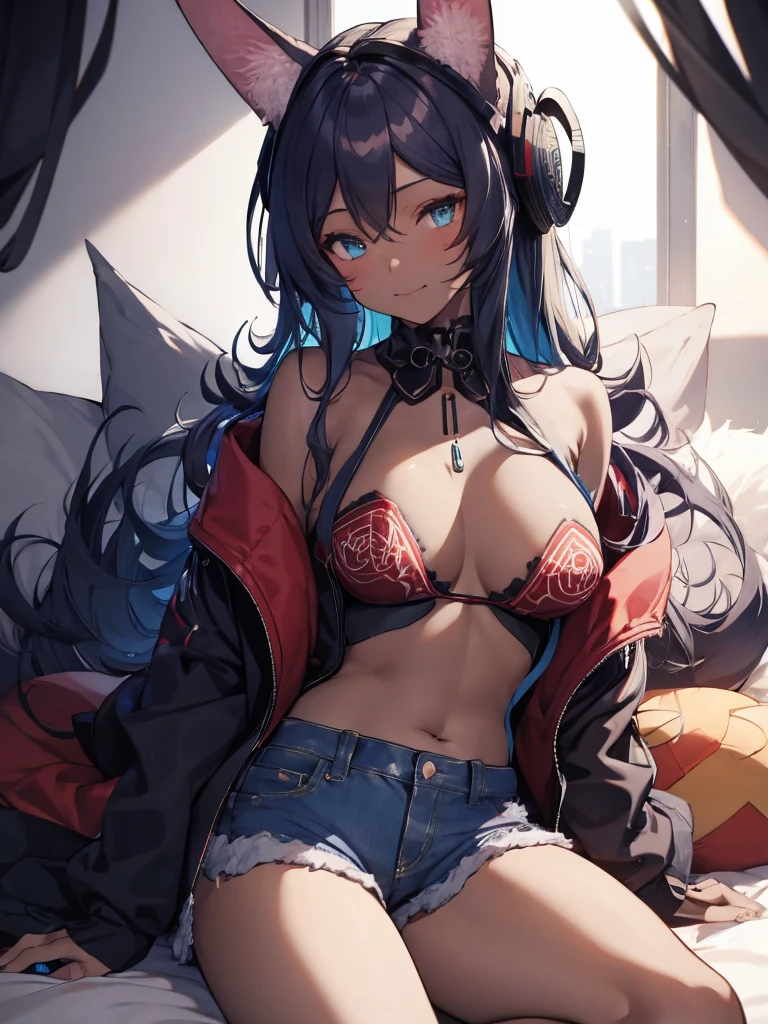 Miku Hatsune, add alta definición_detail:1, blue fur,kitsune ears, tatuaje tribal add_detail:1,pose in bed, scoating position during a full moon showing off her beautiful figure and her outfit (black blouse bare shoulders, denim mini shorts) add_details:1, sonriendo add_detailsl:1, ear piercing add_detail:1, scoating position on bed add_detail, shy add_detail:1, aqua add pupils_detail