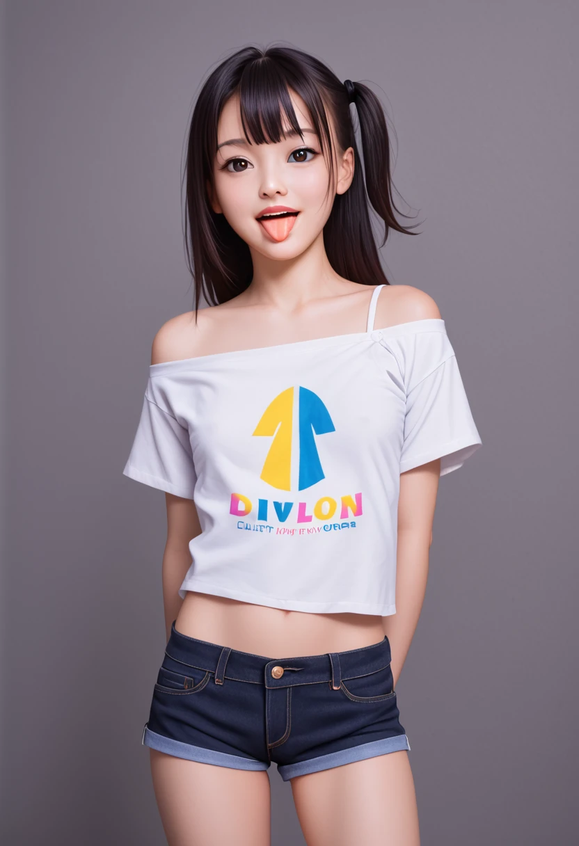 pastel colors colors t-shirt,off-shoulder look,bare shoulder,ollarbone,midriff,micro shorts,(open mouth:1.5),(tongue out:2),standing,arms behind back,front view,cowboy shot,looking at viewer,(1girl,Beautiful 14 year old girl),((Slender,Small breasts,Small face,)),Black Hair,bangs,one side up,Beautiful and detailed,(Dimly lit room:1.5),Mischievous smile,Black simple background,Blue Weak々Illumination
