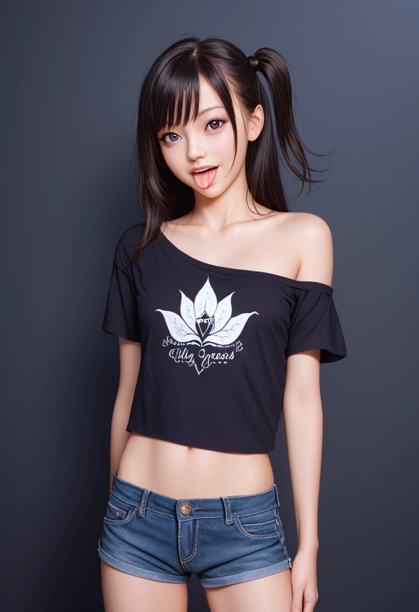 pastel colors colors t-shirt,off-shoulder look,bare shoulder,ollarbone,midriff,micro shorts,(open mouth:1.5),(tongue out:2),standing,arms behind back,front view,cowboy shot,looking at viewer,(1girl,Beautiful  girl),((Slender,Small breasts,Small face,)),Black Hair,bangs,one side up,Beautiful and detailed,(Dimly lit room:1.5),Mischievous smile,Black simple background,Blue Weak々Illumination
