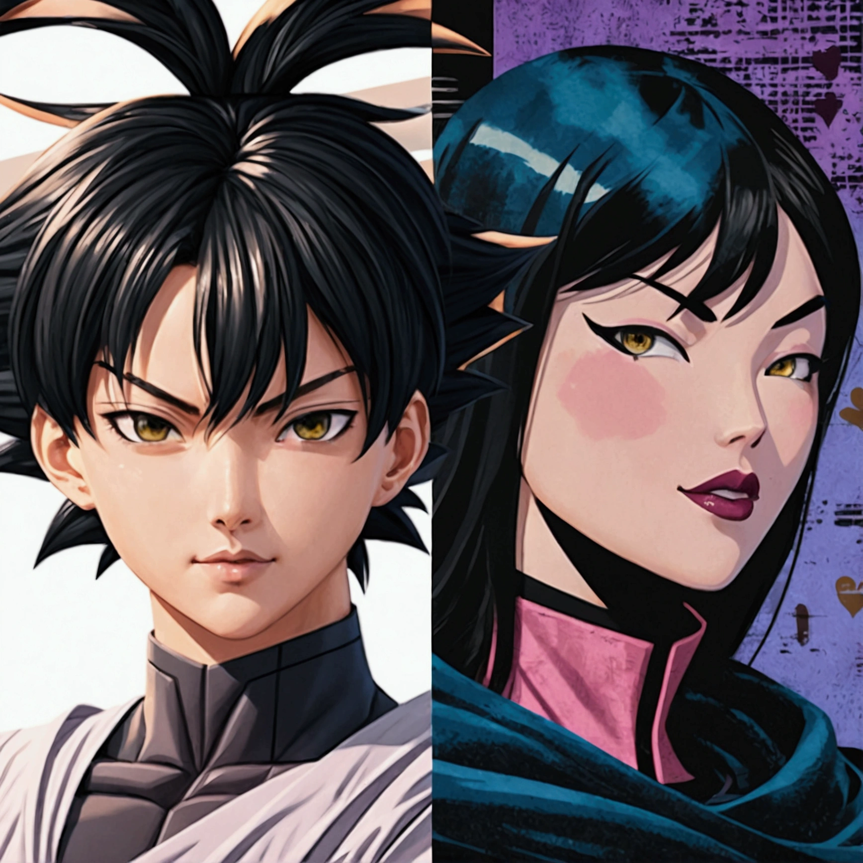 (score_9, score_8_above, score_7_above), a painting of two adult women, rubio, black fur, close above, h3l3n, GOOD_hands, hearts Black Goku and lady Shiva