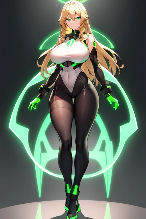 1girl, green eyes, blonde hair, long hair, large breasts, hourglass figure, bodysuit, white bodysuit, neon, neon trim, machinery, tech, science-fiction, futuristic, serious, standing, full body, ((full body)),, pantyhose, black pantyhose, wavy hair, front view