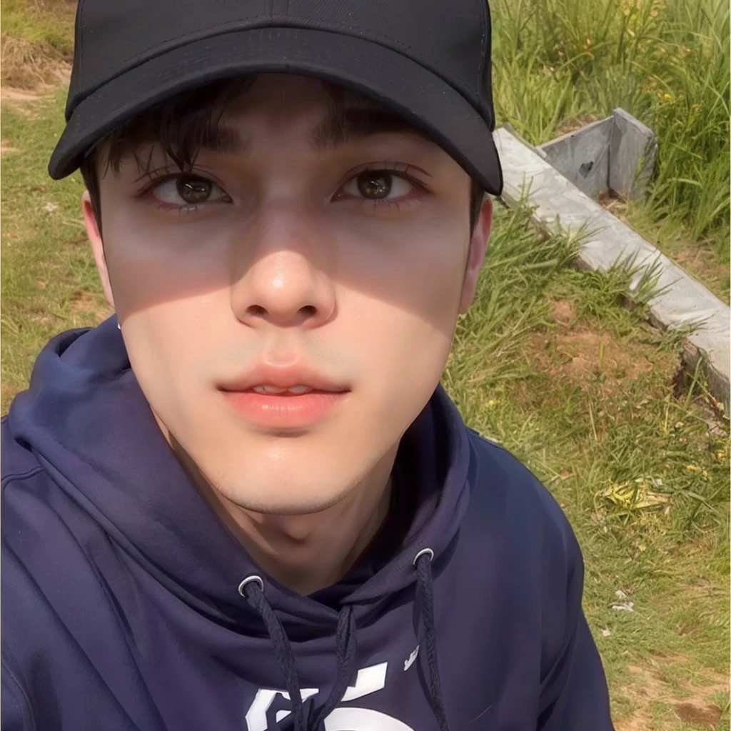 there is a young man wearing a baseball cap and a hooded sweatshirt, park Jimin, accurate Jimin face, Jimin, Kim Doyoung, jung jaehyun, Jimin\the right eyelid is swollen, Jimin\the full lips, spring day, Jimin\the Greek nose, drainage gang bladee, he is wearing a hat, 8k selfie photograph