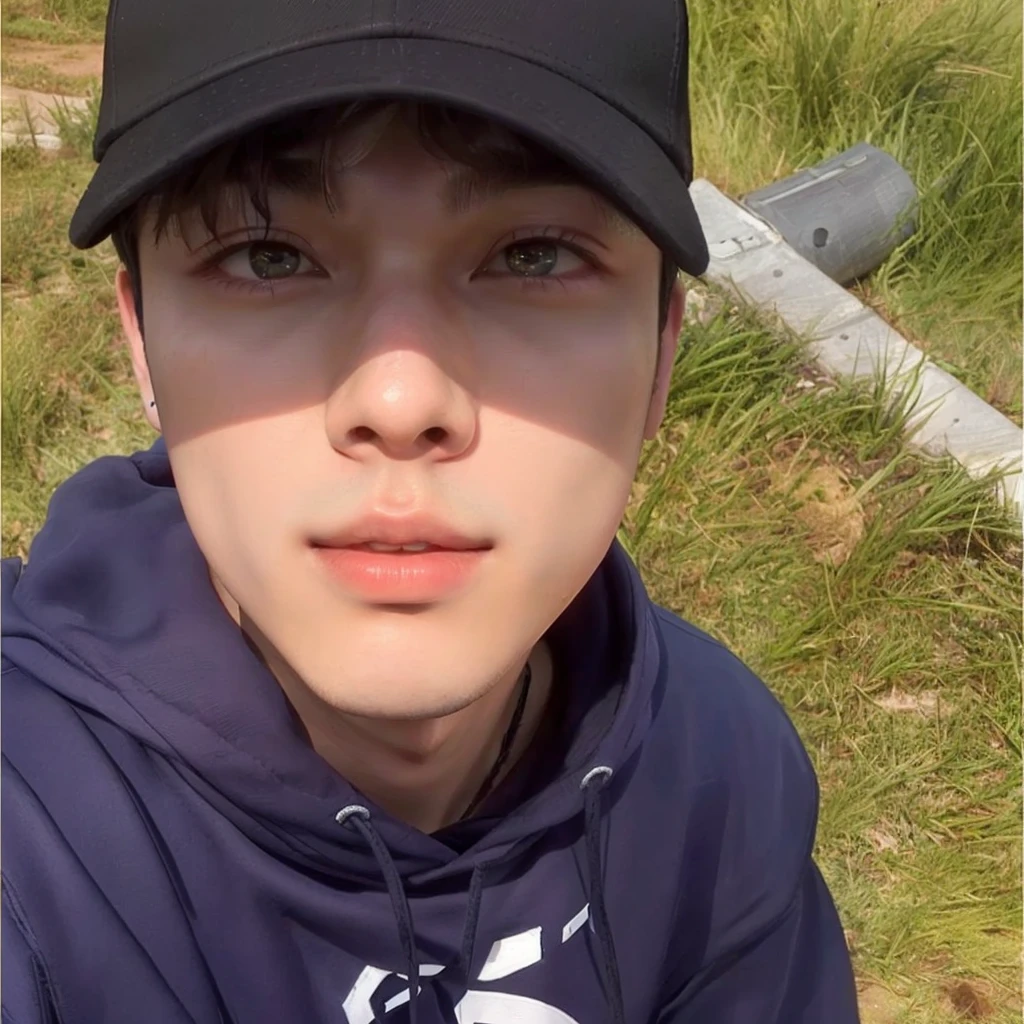 there is a young man wearing a baseball cap and a hooded sweatshirt, park Jimin, accurate Jimin face, Jimin, Kim Doyoung, jung jaehyun, Jimin\the right eyelid is swollen, Jimin\the full lips, spring day, Jimin\the Greek nose, drainage gang bladee, he is wearing a hat, 8k selfie photograph