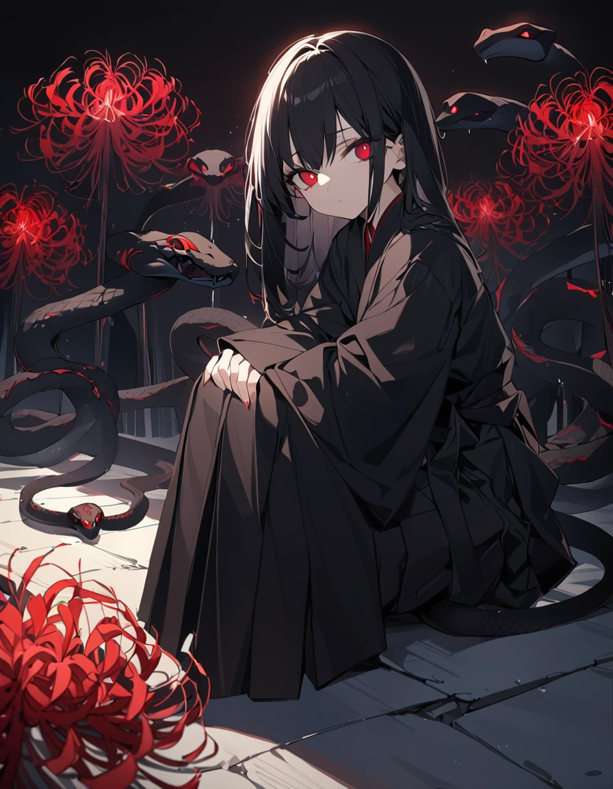 One girl, masterpiece, top quality, beautiful, expressionless, jet black hair, red pupils, big eyes, hakama skirt, snake, cute sleeves, red spider lily, sitting, anime