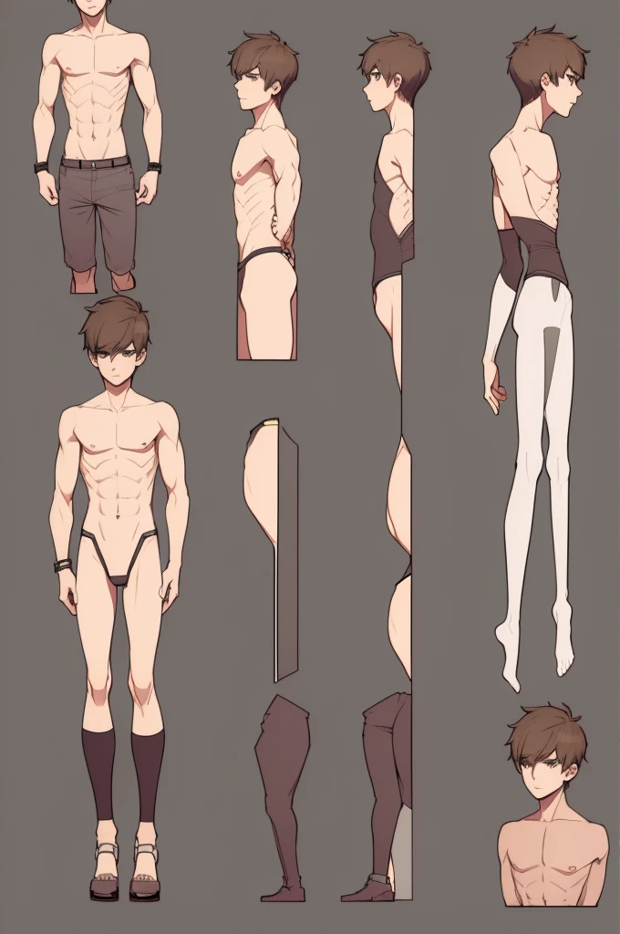 male character design sheet, short twink feminen boy, wearing , straight short hair, reserved and introspective