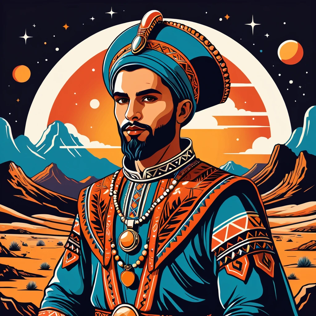 man in folk outfit from another planet, vector graphics, strong contours
