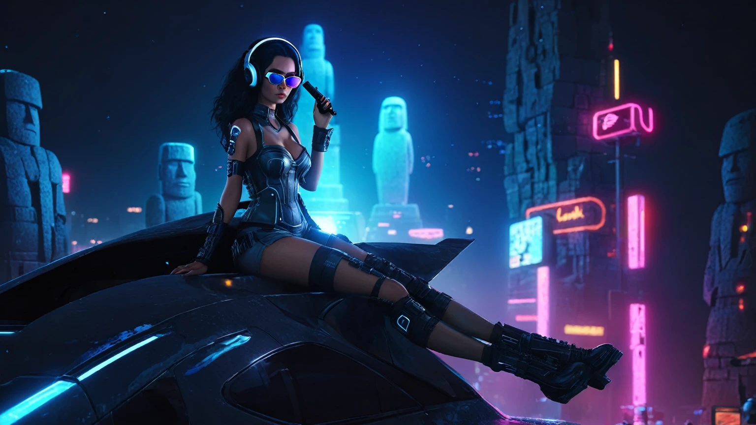 At night, dark sky, distant shot aerial view of fantasy cyberpunk style ice ((Moai-statue)) city, ((flying car)). ((1girl, solo, alone)), medium-breast:1.1 slim body, cleavage, sexy clothes, (headphone, black sunglasses, long black realistic hair), (((hip-up standing and holding pistol))), (((((half-body thigh level medium shot))))), cinematic lighting, lens flare, ray tracing.