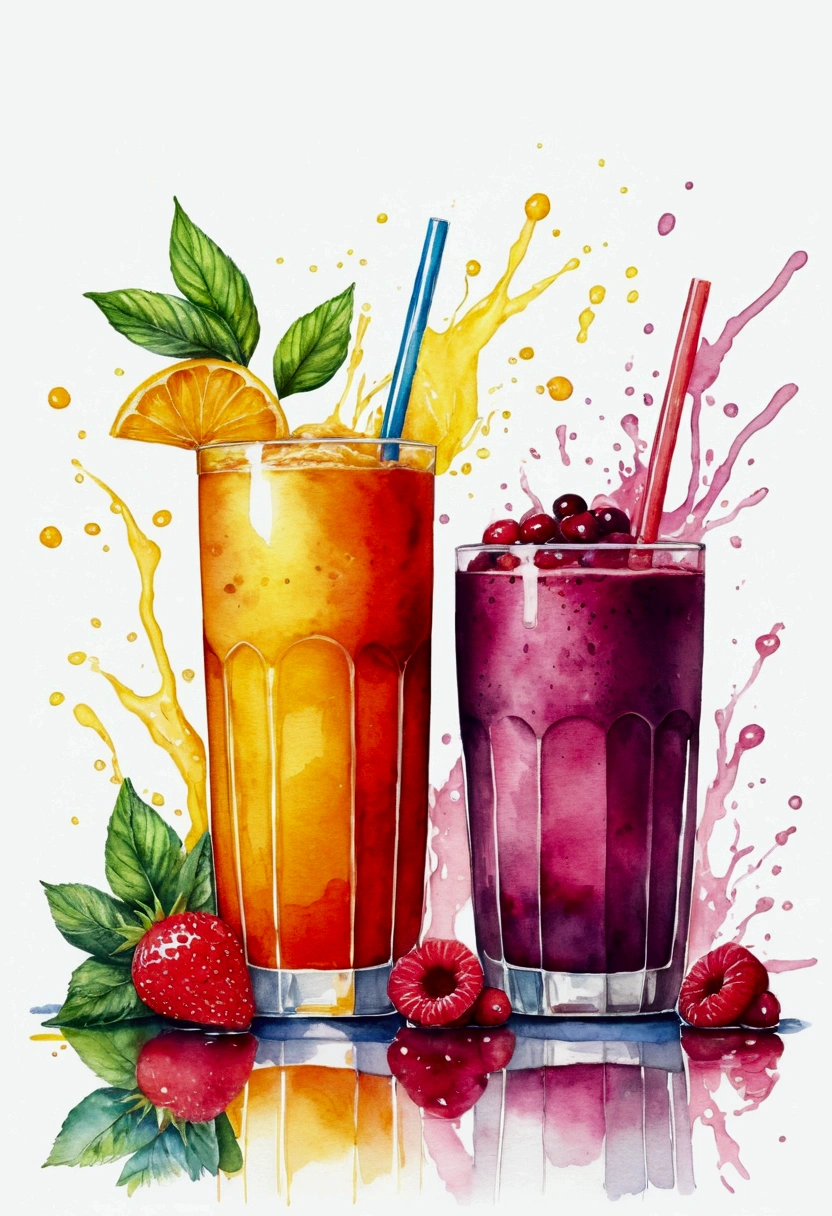 there are two types of colorful healthy drinks served in two glasses, the glasses sitting on a surface, juices, smoothie and infused water , illustration, isolated with solid white background, surrounded with negative space, centered composition, highest detailed painting, very precise line, Isolated, clear solid white background, perspective angle of view, ((watercolor:1), (lora:add-detail-xl:1), (masterpiece), (best quality), no bread on the floor, washed out color, oil and watercolor painting, Leonardo style, vector art, (lora:Leonardo-illustration:1)