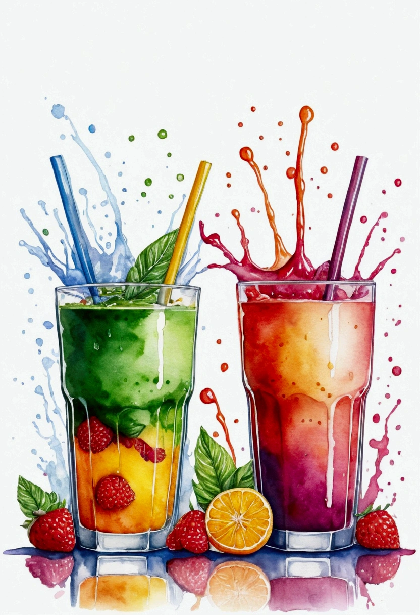 there are two types of colorful healthy drinks served in two glasses, the glasses sitting on a surface, juices, smoothie and infused water , illustration, isolated with solid white background, surrounded with negative space, centered composition, highest detailed painting, very precise line, Isolated, clear solid white background, perspective angle of view, ((watercolor:1), (lora:add-detail-xl:1), (masterpiece), (best quality), no bread on the floor, washed out color, oil and watercolor painting, Leonardo style, vector art, (lora:Leonardo-illustration:1)