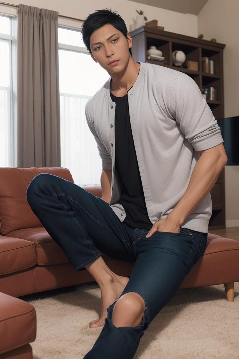 realistic photo of handsome aomine daiki ,living room