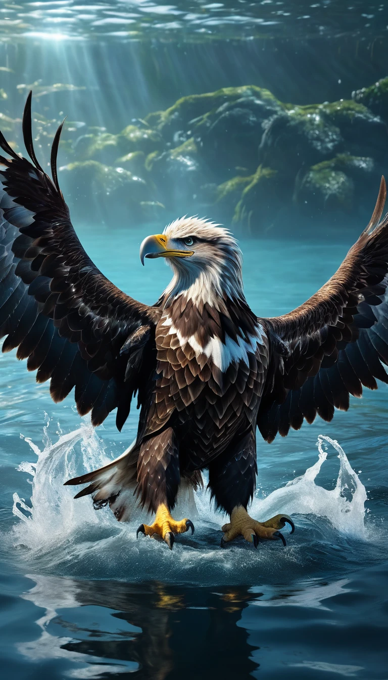 Panorama,There is a beast in the water,Looks like an eagle,The head has double horns(best quality,4K,8K,High level,masterpiece:1.2),Ultra Detailed,(lifelike,Photo real,Photo real:1.37),Highly detailed animals,Complex patterns,Realistic lighting,Fantasy Creatures