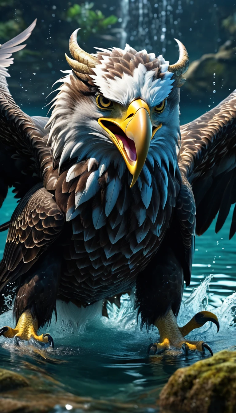 Panorama，There is a beast in the water，Looks like an eagle，The head has double horns（best quality，4K，8K，High level，masterpiece：1.2），Ultra Detailed，（lifelike，Photo real，Photo real：1.37），Highly detailed animals，Complex patterns，Realistic lighting，Fantasy Creatures