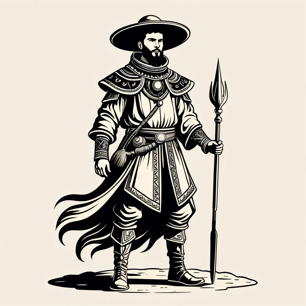 man in folk outfit from another planet, vector graphics, strong contours
