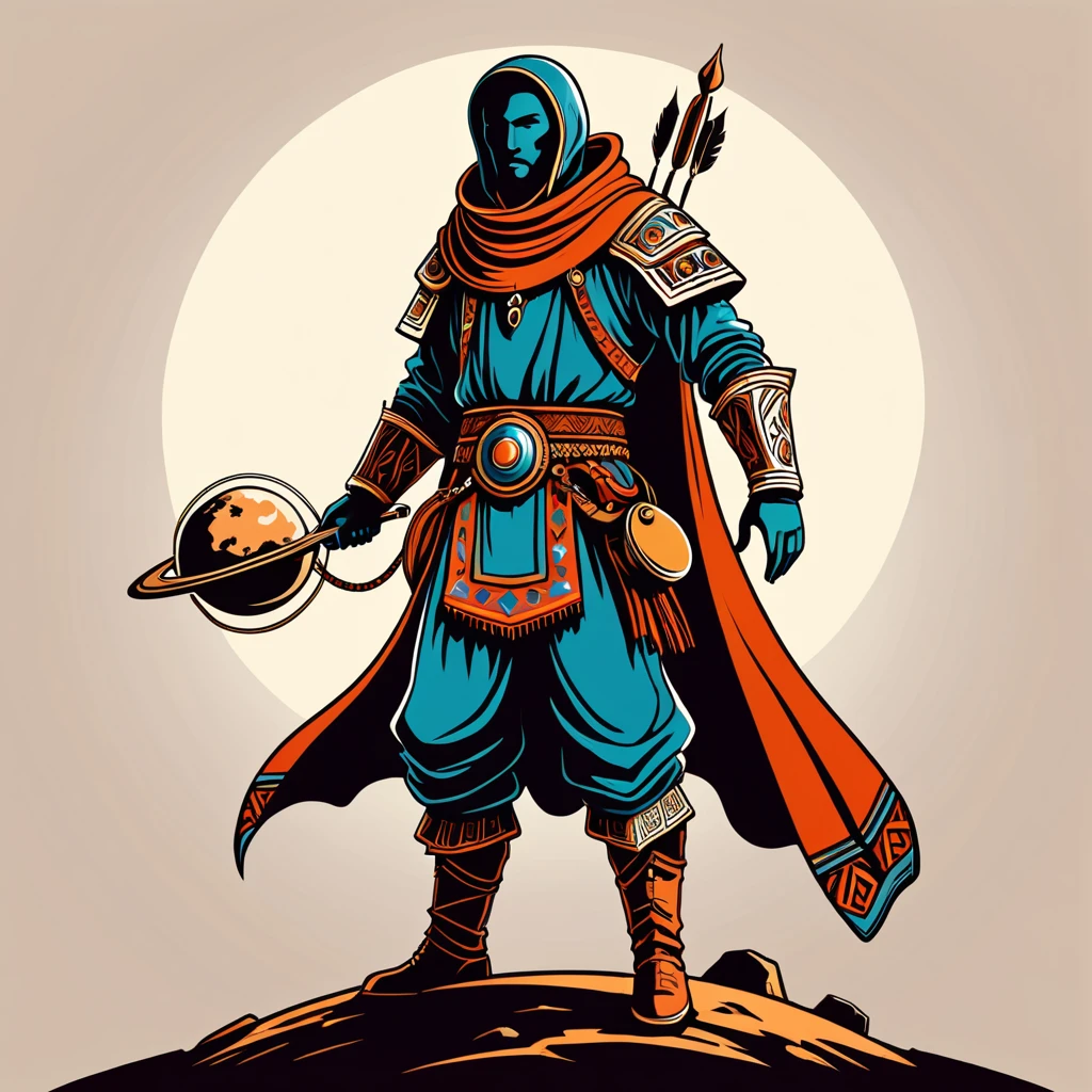 man in folk outfit from another planet, vector graphics, strong contours
