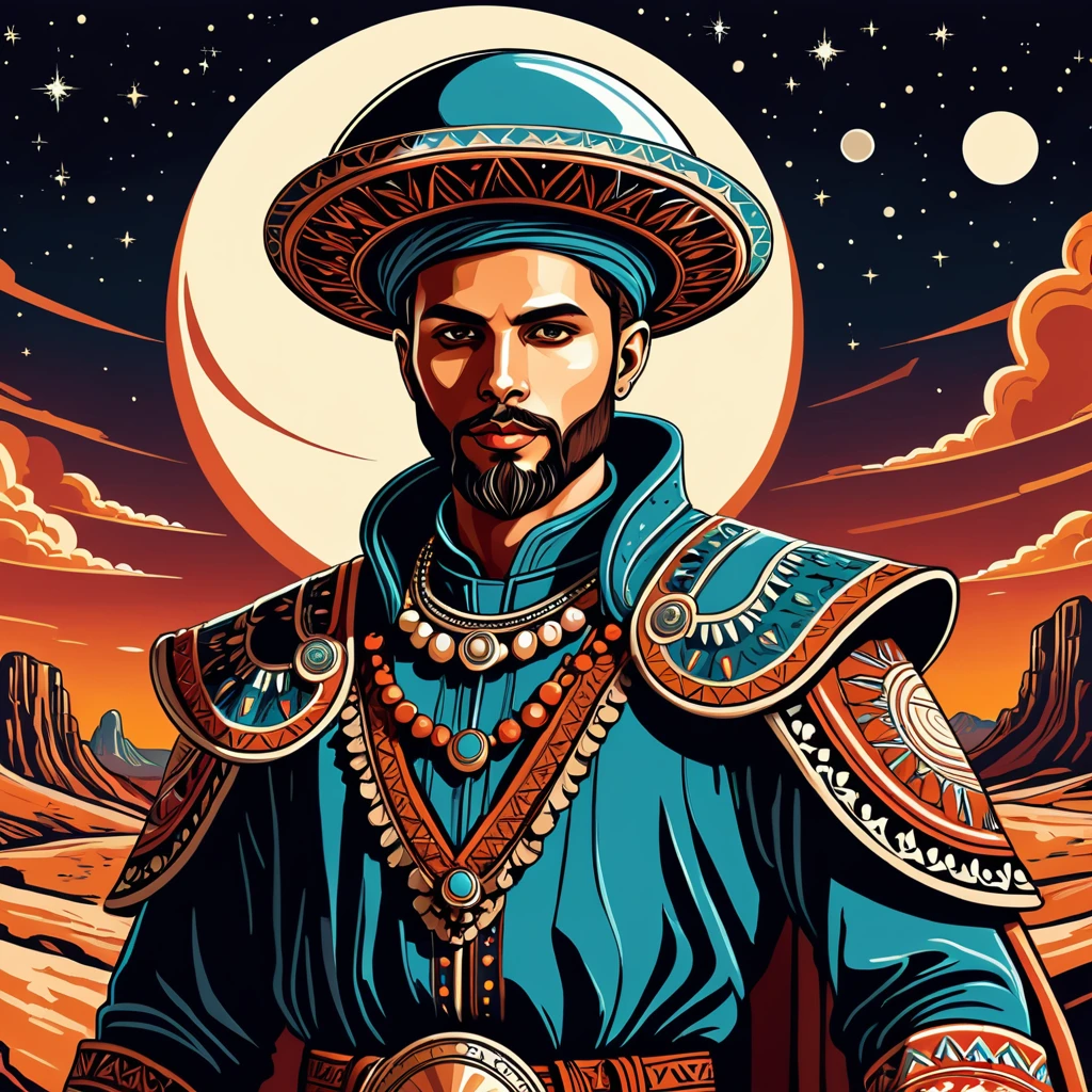 man in folk outfit from another planet, vector graphics, strong contours
