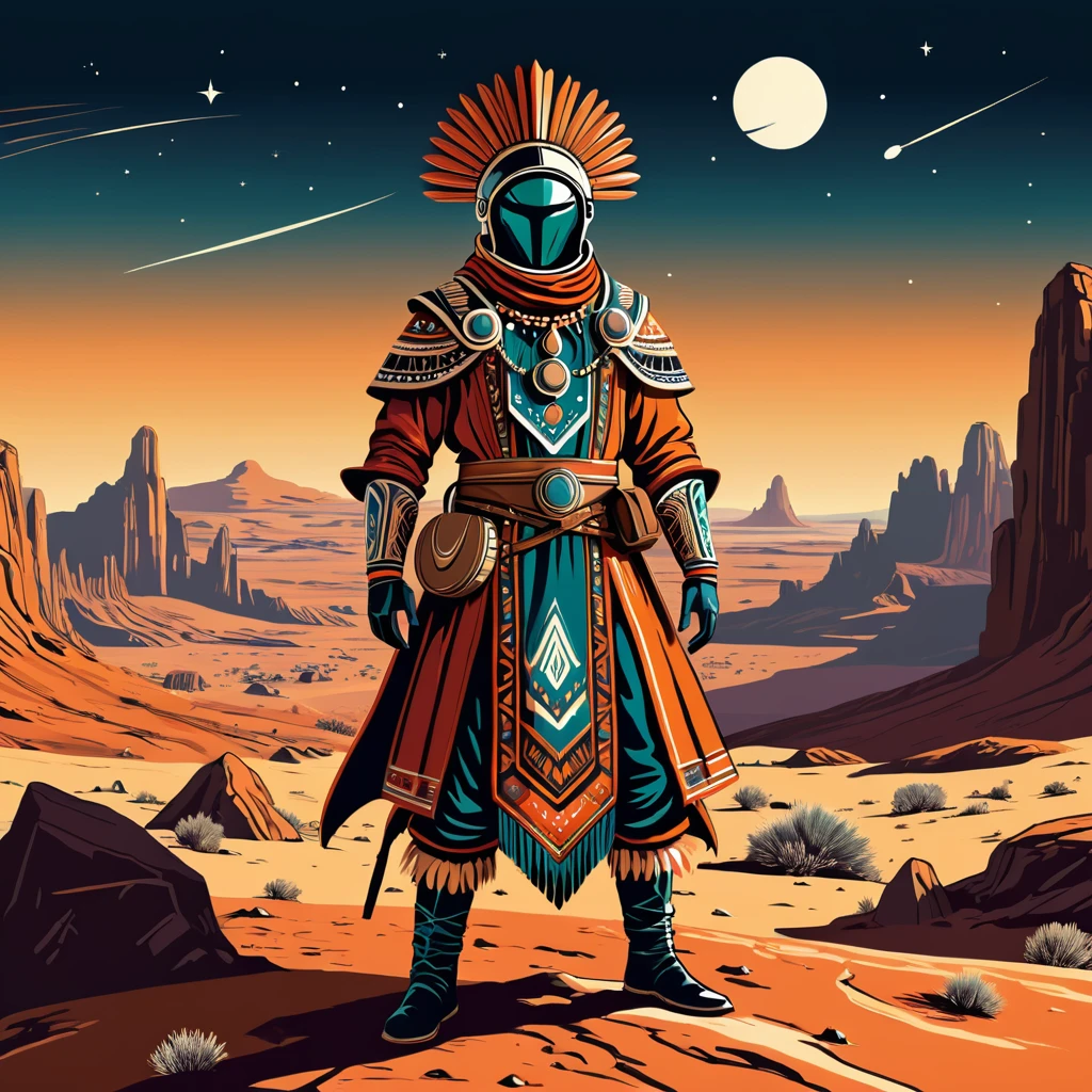 man in folk outfit from another planet, vector graphics, strong contours
